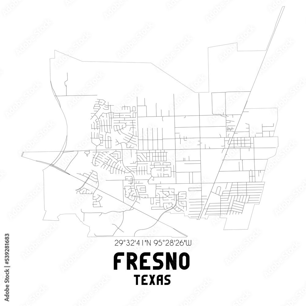 Fresno Texas. US street map with black and white lines.