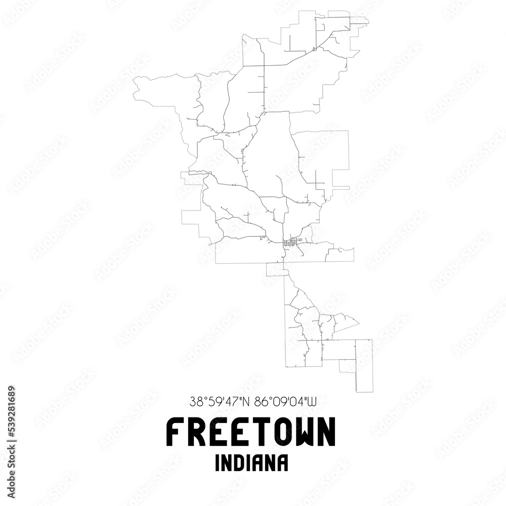 Freetown Indiana. US street map with black and white lines.