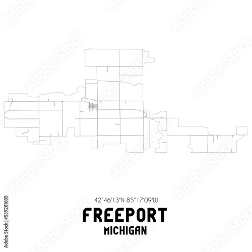 Freeport Michigan. US street map with black and white lines.