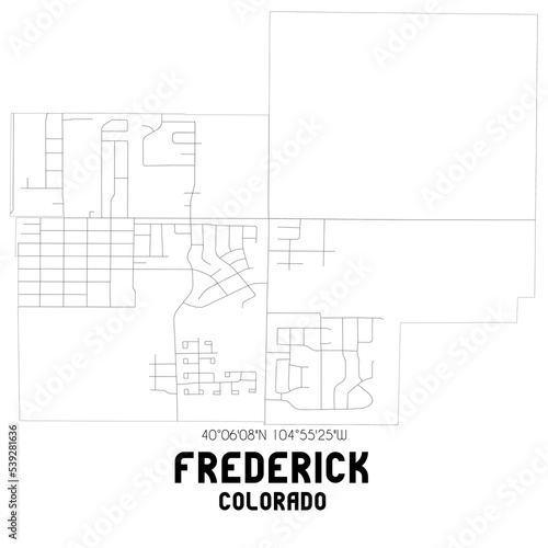 Frederick Colorado. US street map with black and white lines.