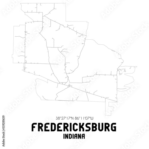 Fredericksburg Indiana. US street map with black and white lines.