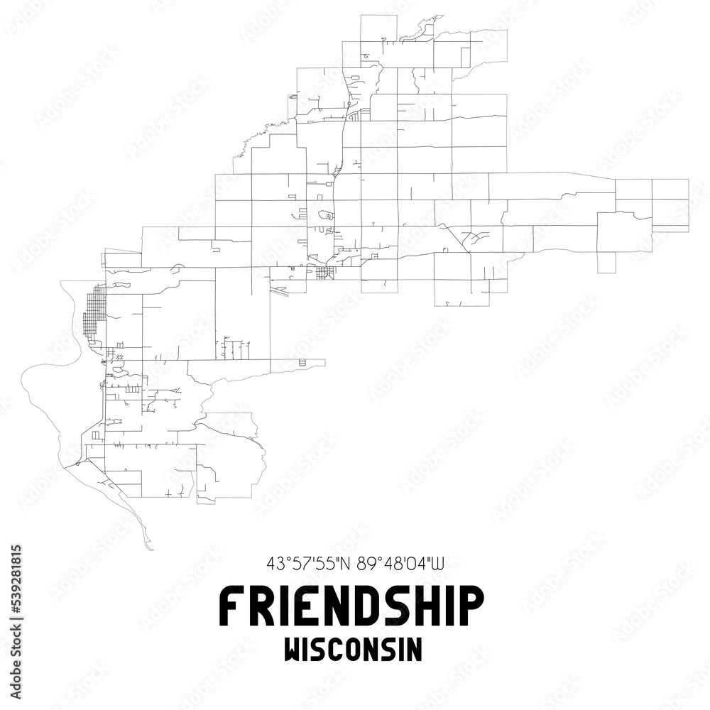 Friendship Wisconsin. US street map with black and white lines.