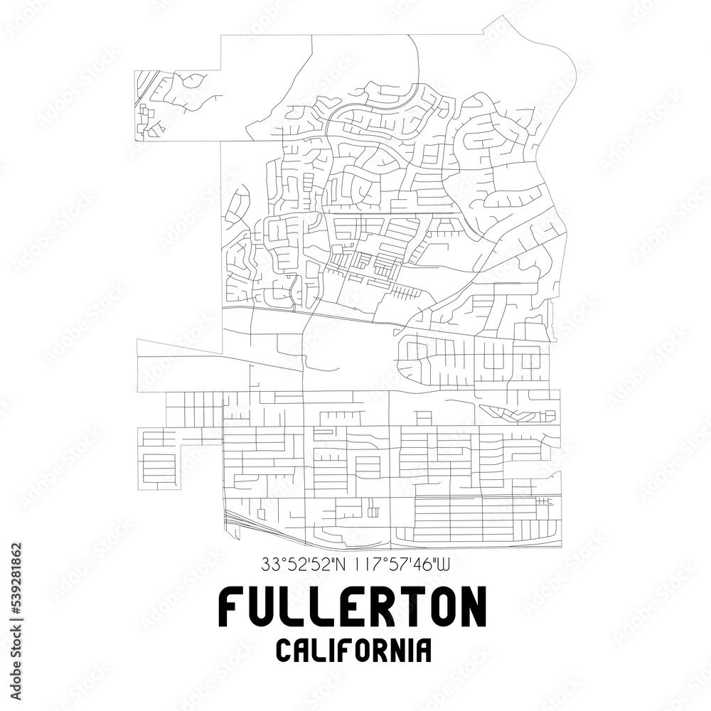 Fullerton California. US street map with black and white lines.
