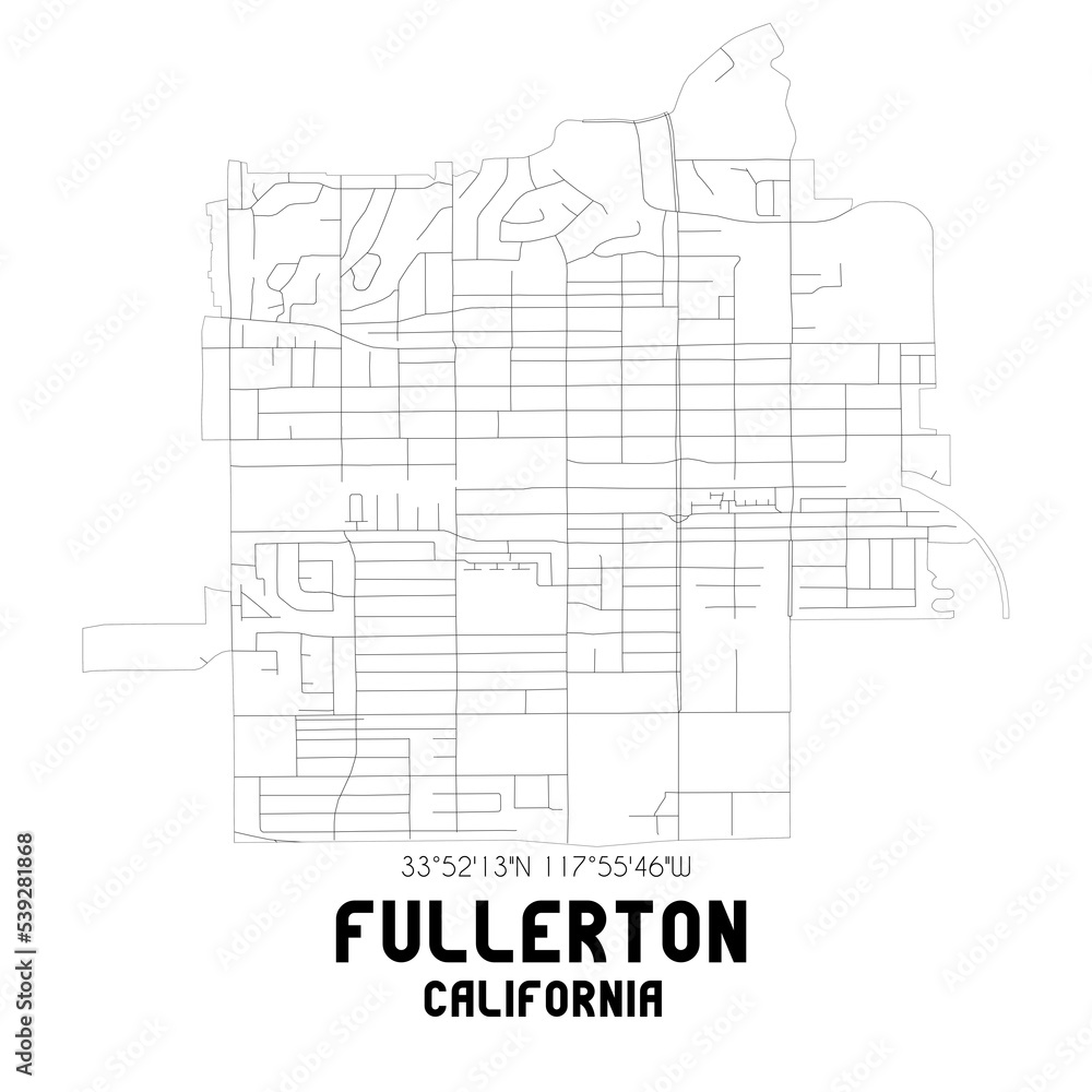 Fullerton California. US street map with black and white lines.