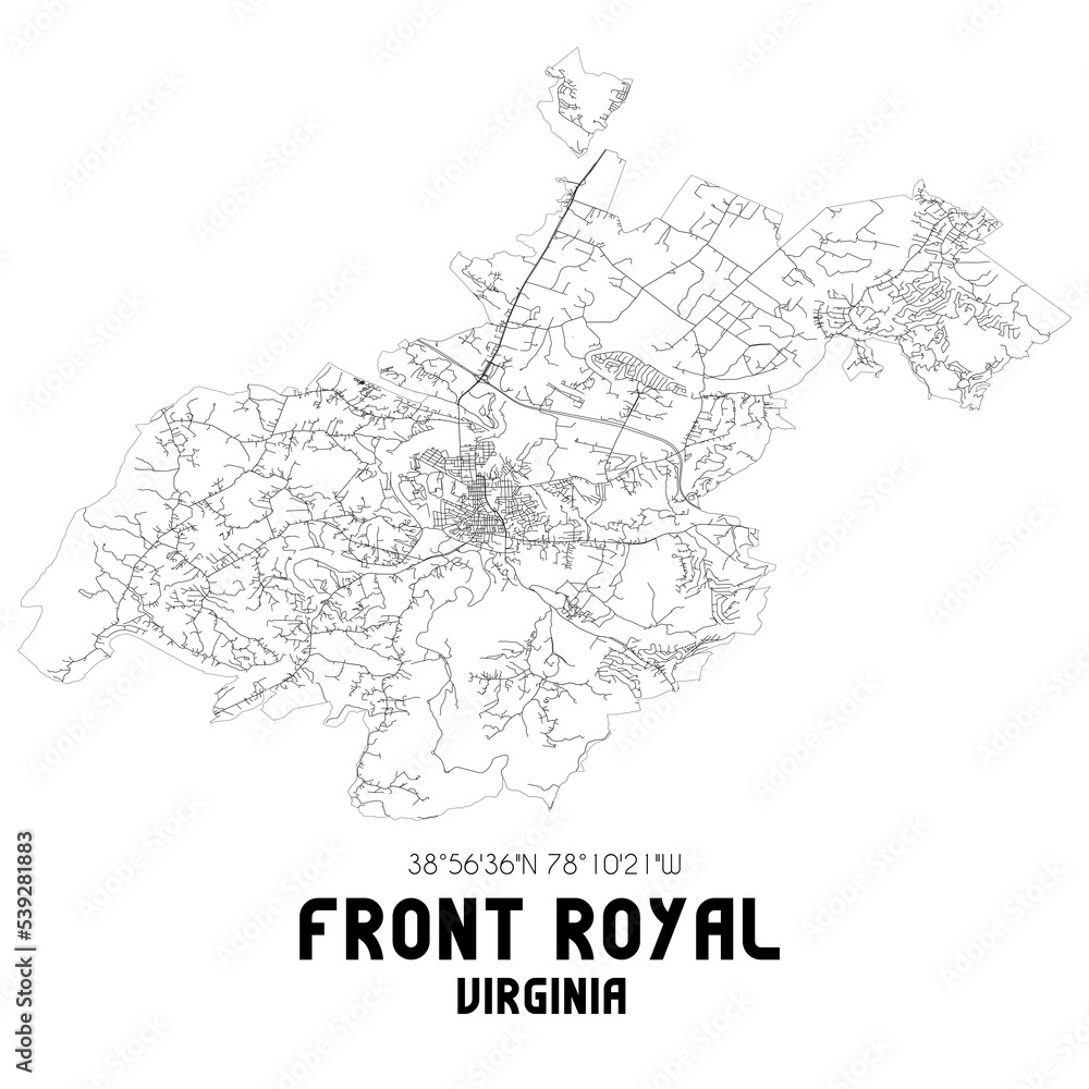Front Royal Virginia. US street map with black and white lines.