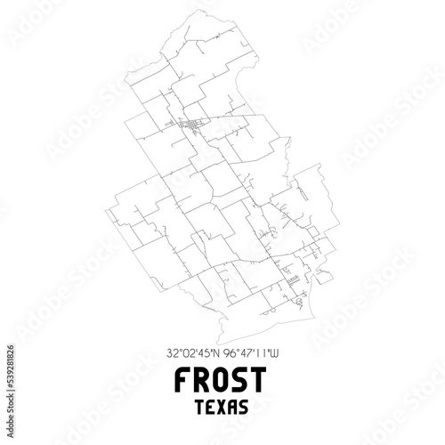 Frost Texas. US street map with black and white lines.