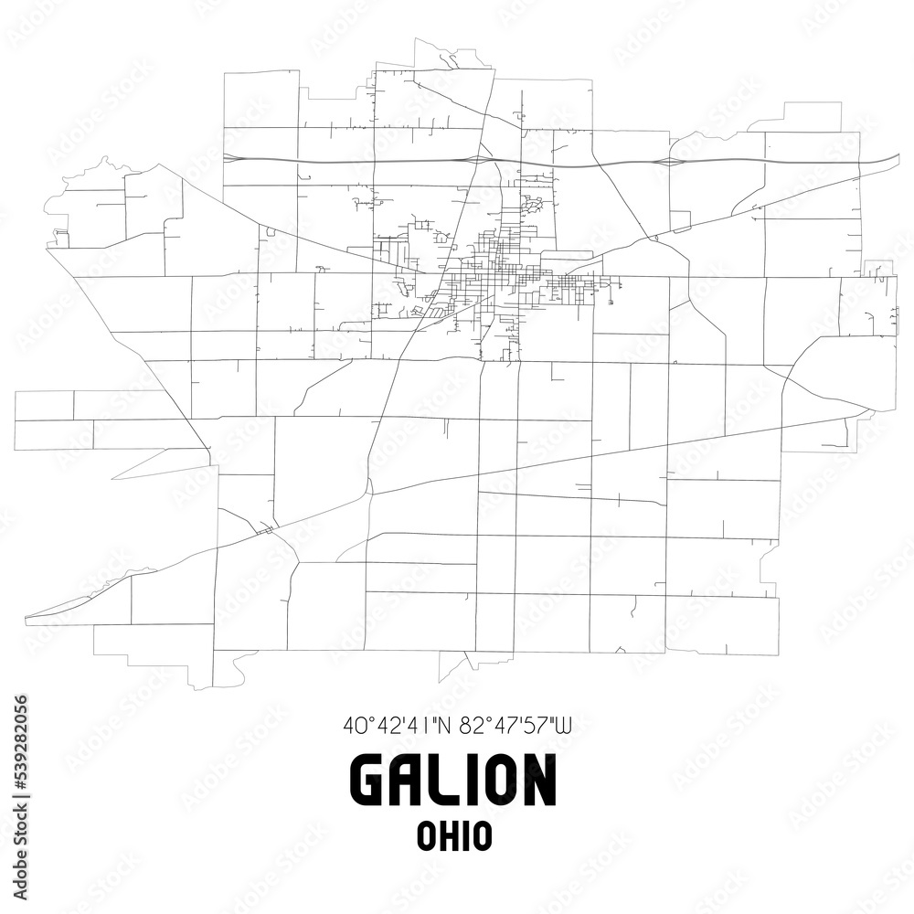 Galion Ohio. US street map with black and white lines.