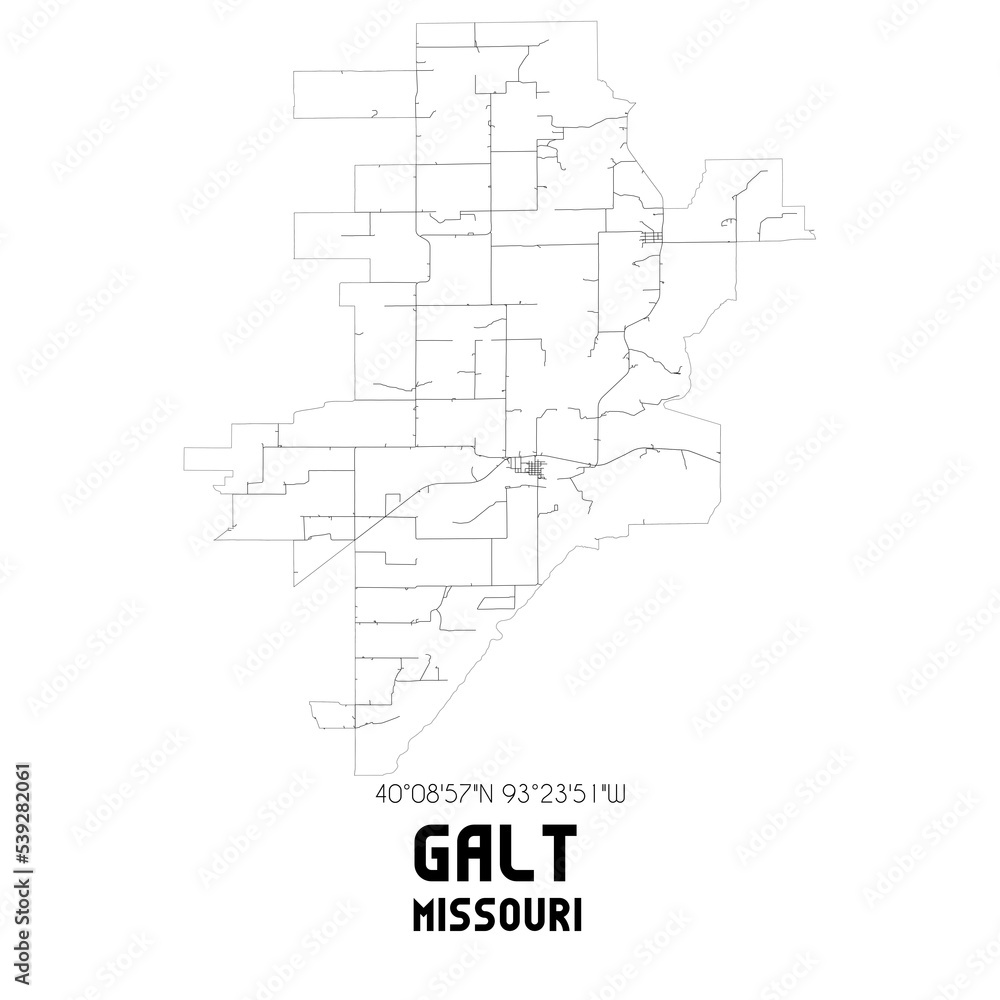 Galt Missouri. US street map with black and white lines.