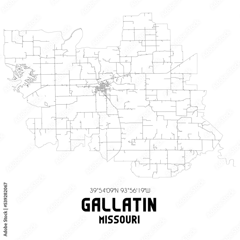 Gallatin Missouri. US street map with black and white lines.