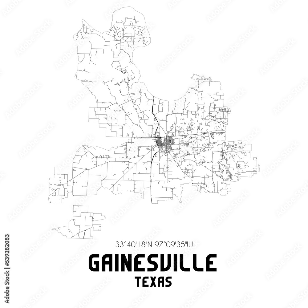 Gainesville Texas. US street map with black and white lines.