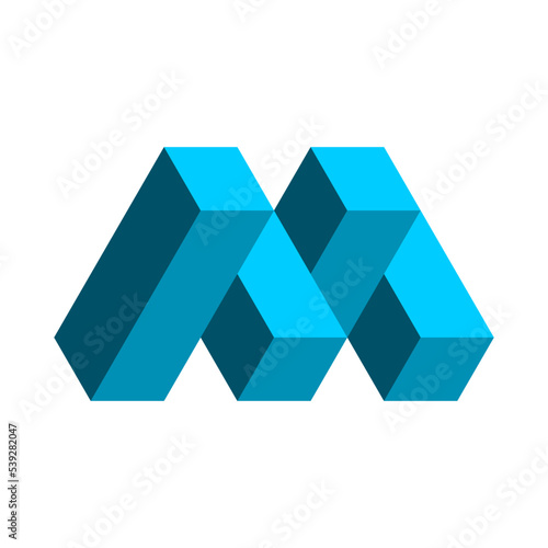 3d letter M logo template. Letter M made of rectangles. Impossible cubes shape. Blue isometric design element. Architecture, construction, building industry. Puzzle game. Vector illustration, clip art