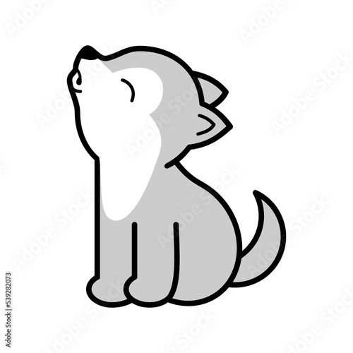 Cute little wolf howling at the moon. Cartoon baby wolf with outline. Wolf cub isolated on white background. Children T-shirt design element. Nordic style drawing. Vector illustration, flat, clip art 