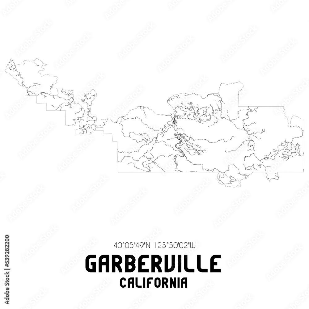 Garberville California. US street map with black and white lines.