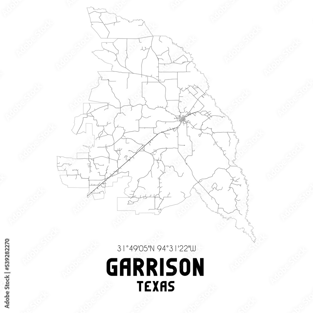 Garrison Texas. US street map with black and white lines.
