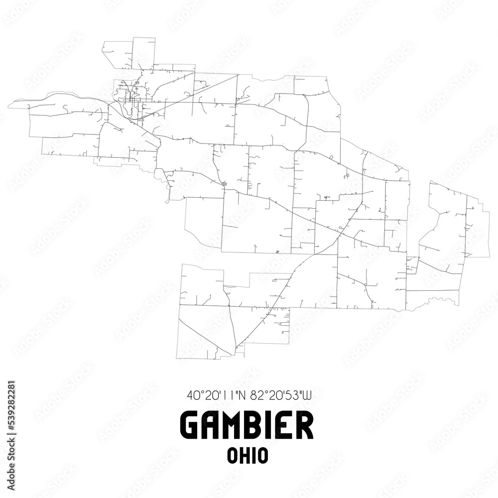 Gambier Ohio. US street map with black and white lines.
