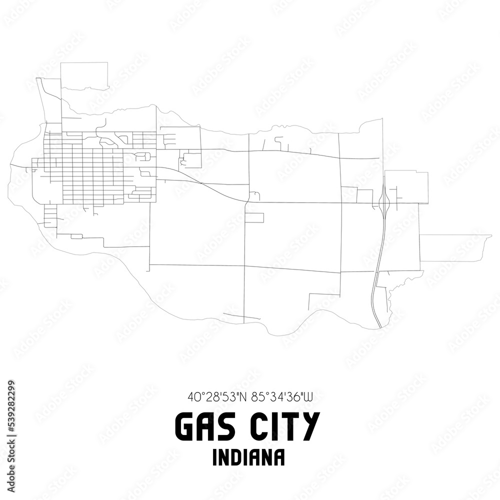 Gas City Indiana. US street map with black and white lines.