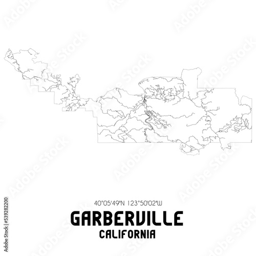 Garberville California. US street map with black and white lines.