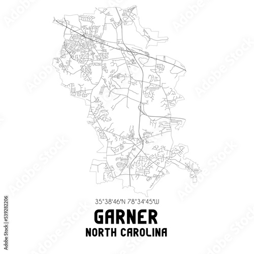 Garner North Carolina. US street map with black and white lines.