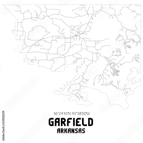Garfield Arkansas. US street map with black and white lines.