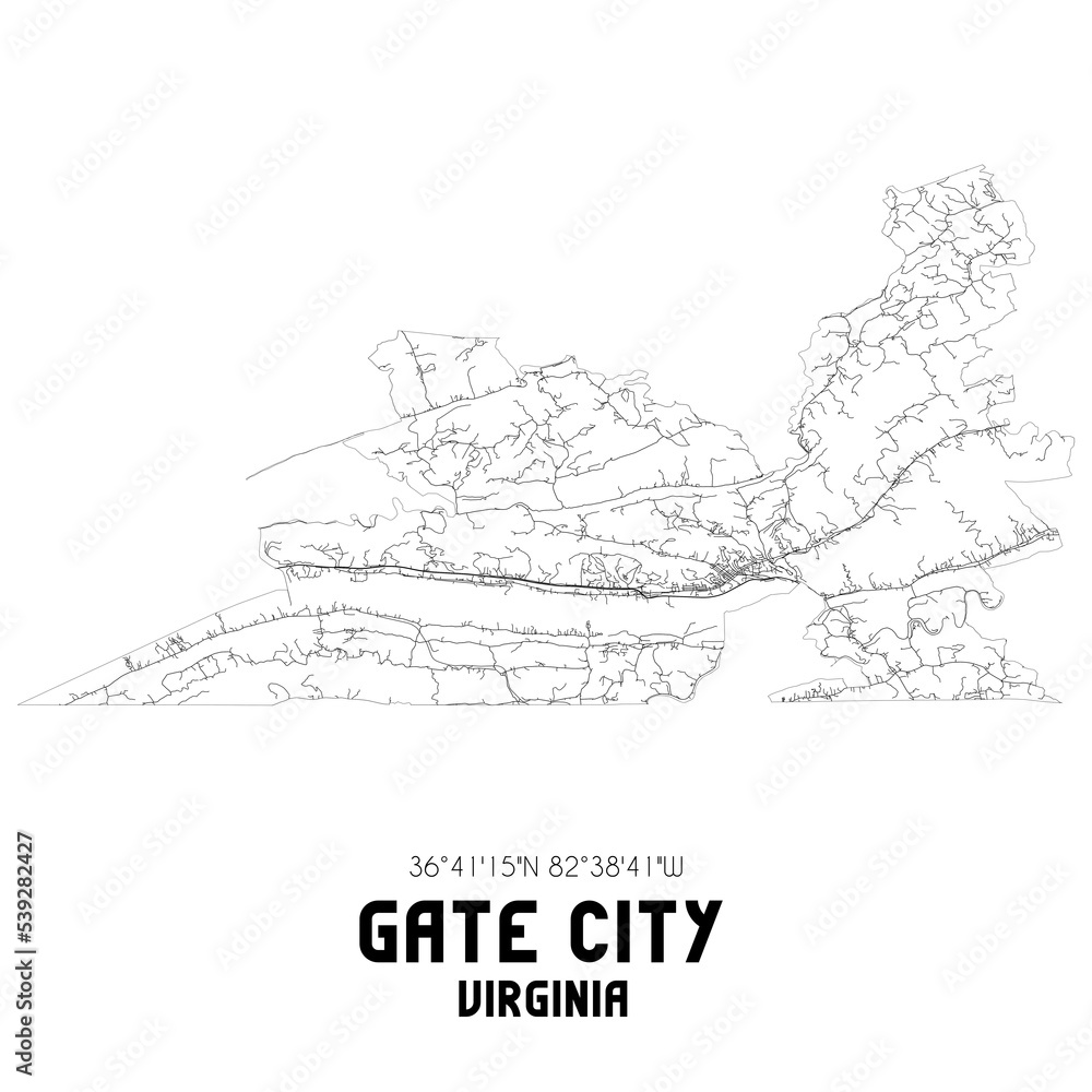 Gate City Virginia. US street map with black and white lines.