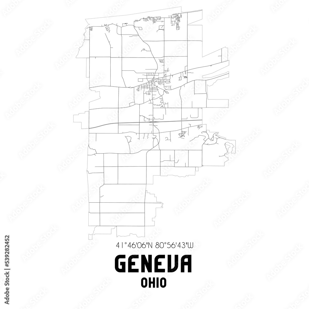 Geneva Ohio. US street map with black and white lines.