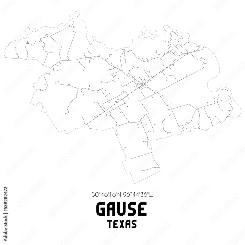 Gause Texas. US street map with black and white lines. Stock