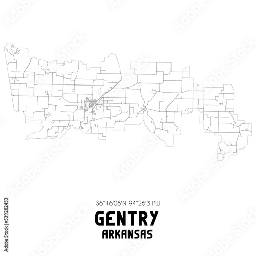 Gentry Arkansas. US street map with black and white lines.