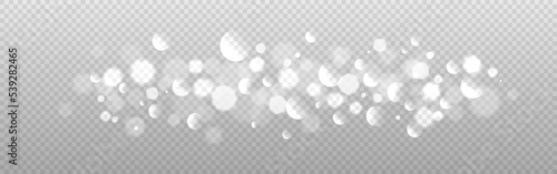 Bokeh light. Christmas blur effect on transparent background. Silver blurred circles. Wide shining template with particles. Abstract glowing dust. Vector illustration