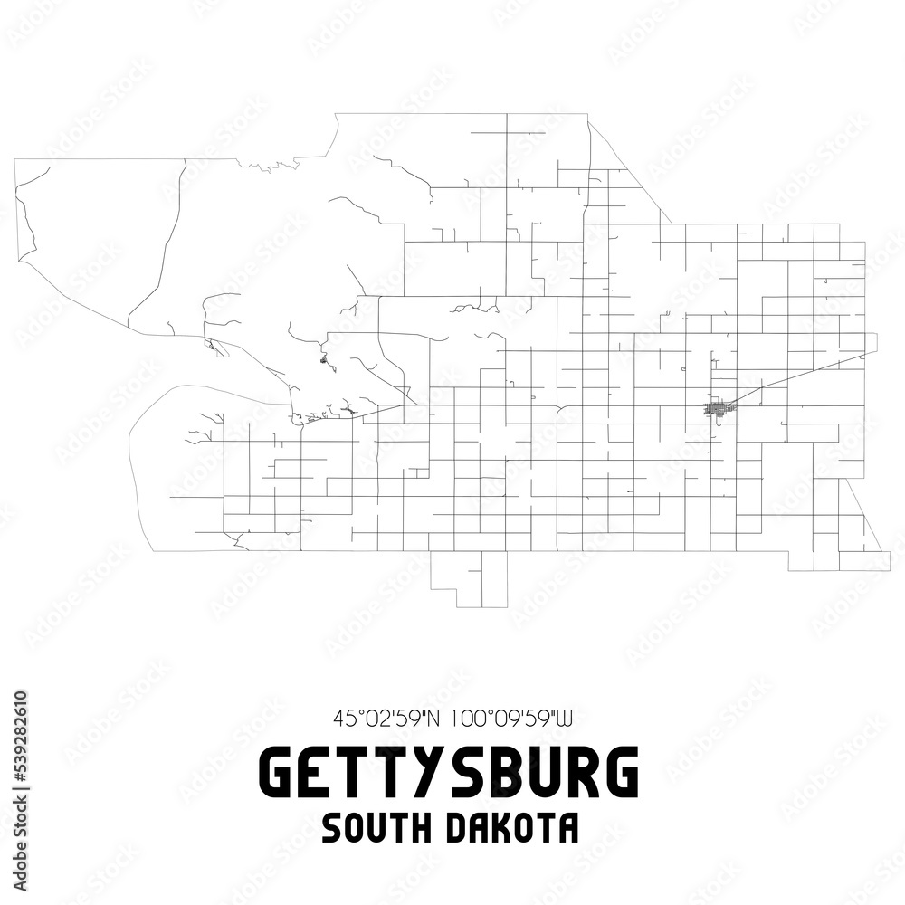 Gettysburg South Dakota. US street map with black and white lines.