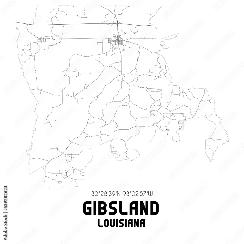 Gibsland Louisiana. US street map with black and white lines.