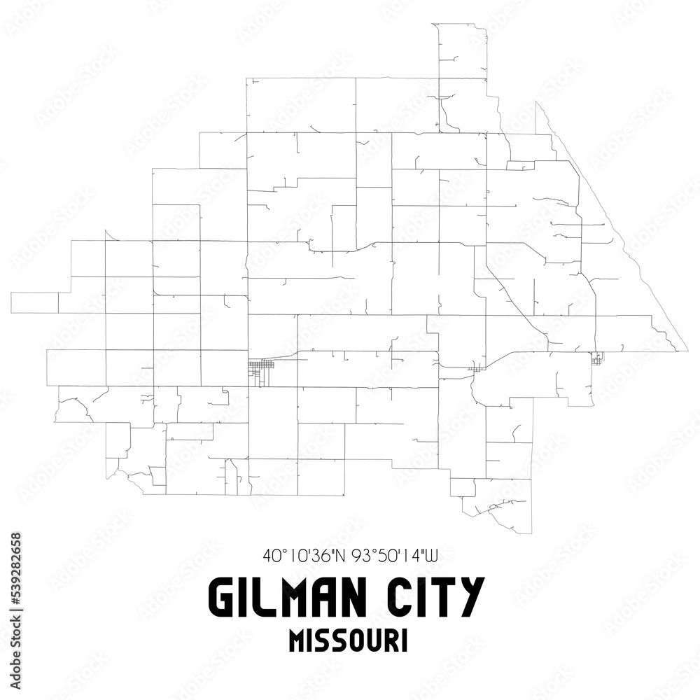Gilman City Missouri. US street map with black and white lines.