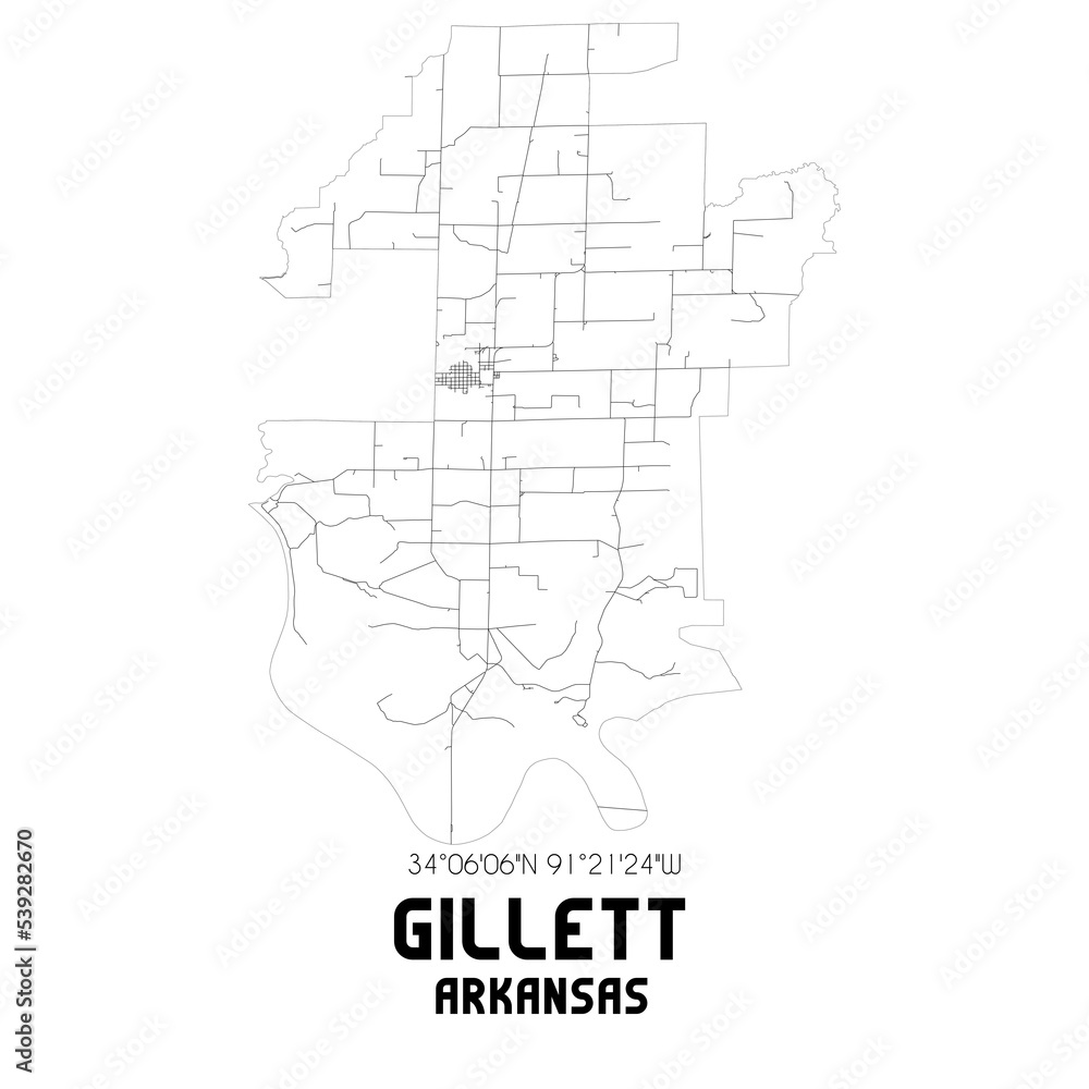 Gillett Arkansas. US street map with black and white lines.
