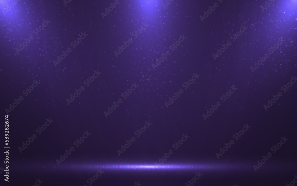 Background spotlights. Award ceremony template. Stage light with particles. Rays and glitter effect on dark backdrop. Empty space for product display. Vector illustration