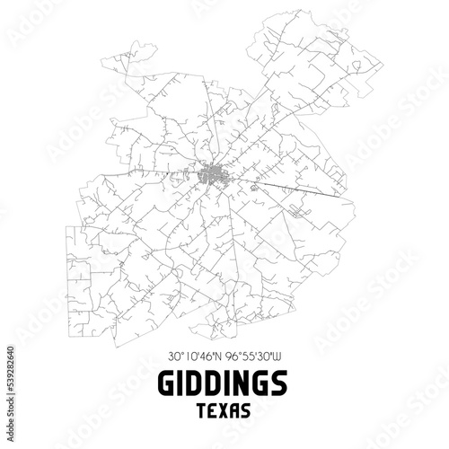 Giddings Texas. US street map with black and white lines.