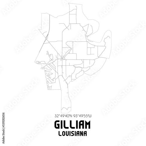 Gilliam Louisiana. US street map with black and white lines.