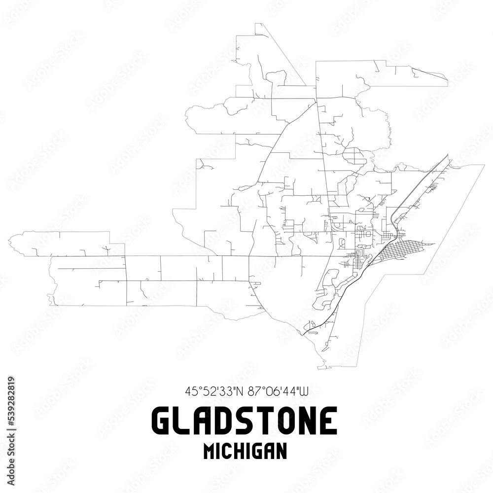 Gladstone Michigan. US street map with black and white lines.