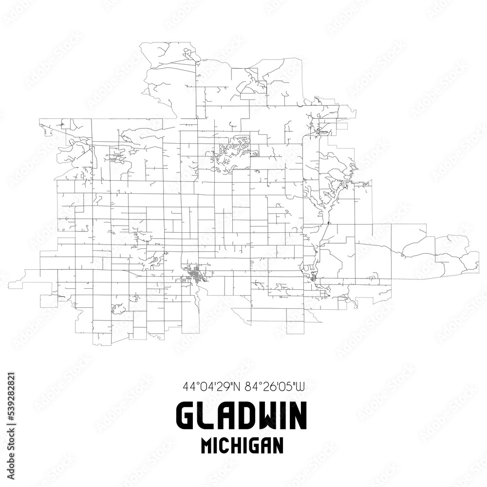 Gladwin Michigan. US street map with black and white lines.