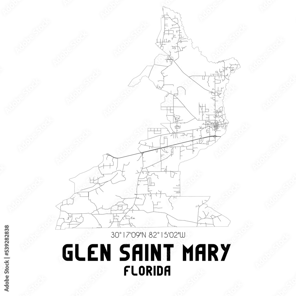Glen Saint Mary Florida. US street map with black and white lines.