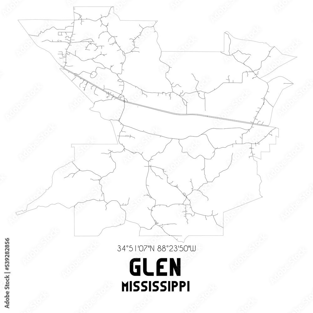 Glen Mississippi. US street map with black and white lines.