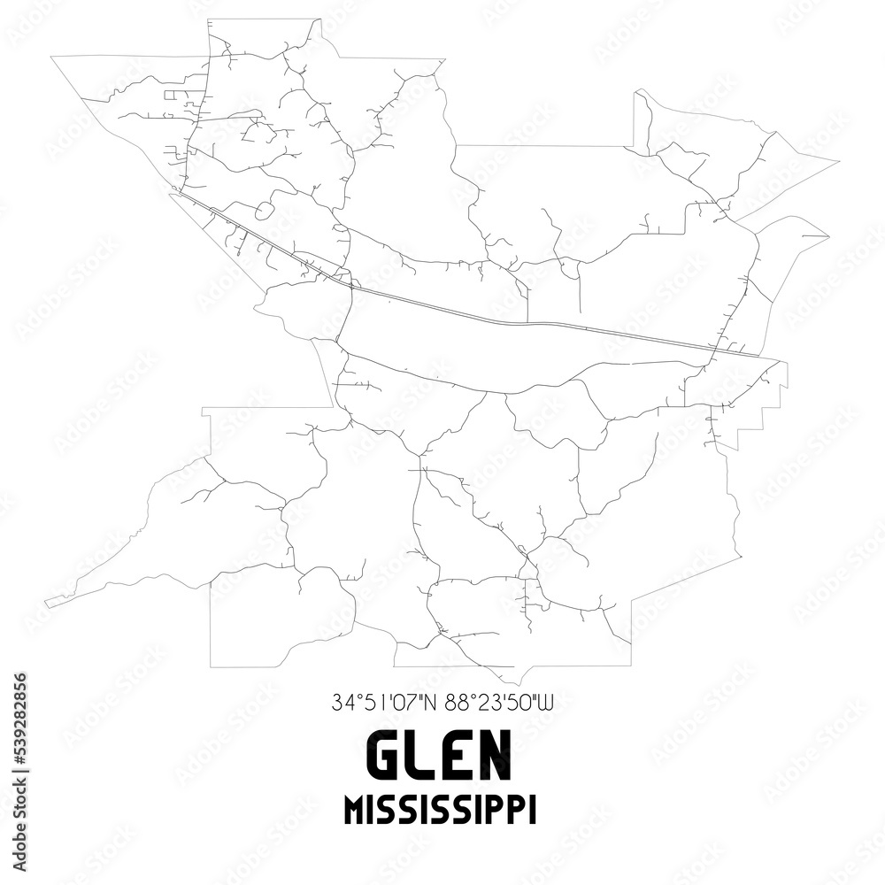 Glen Mississippi. US street map with black and white lines. Glen Mississippi. US street map with black and white lines.