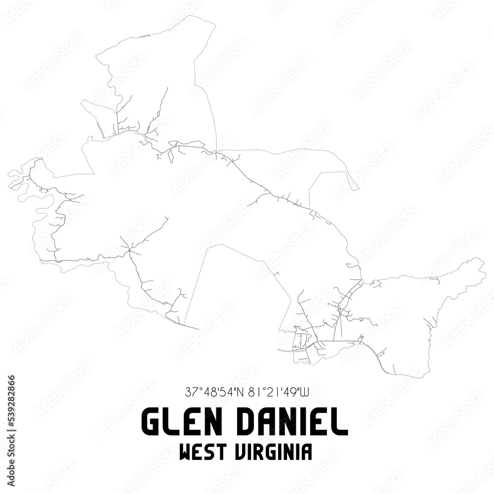 Glen Daniel West Virginia. US street map with black and white lines.