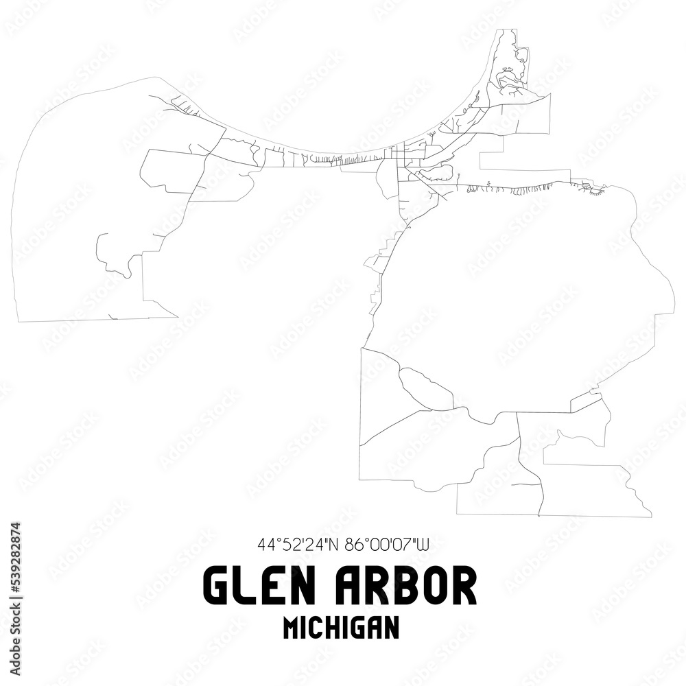 Glen Arbor Michigan. US street map with black and white lines.