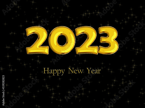 HAPPY NEW YEAR 2023. Golden Stars in a black background. Concept of New Year. 3D Illustration