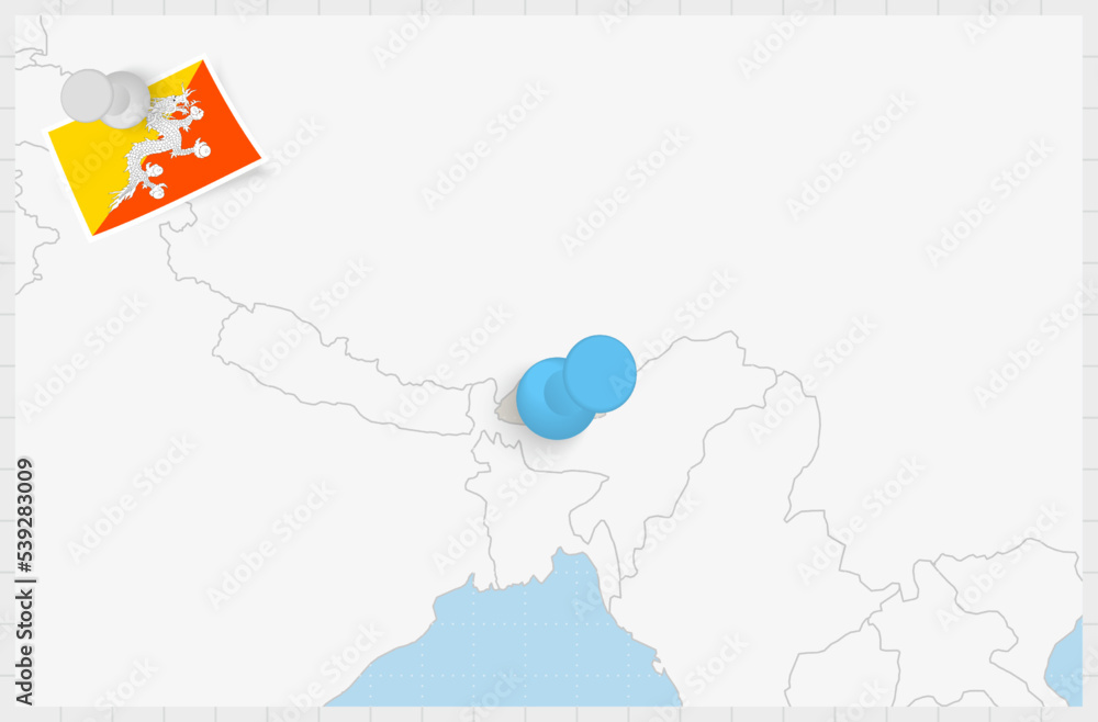 Map of Bhutan with a pinned blue pin. Pinned flag of Bhutan.