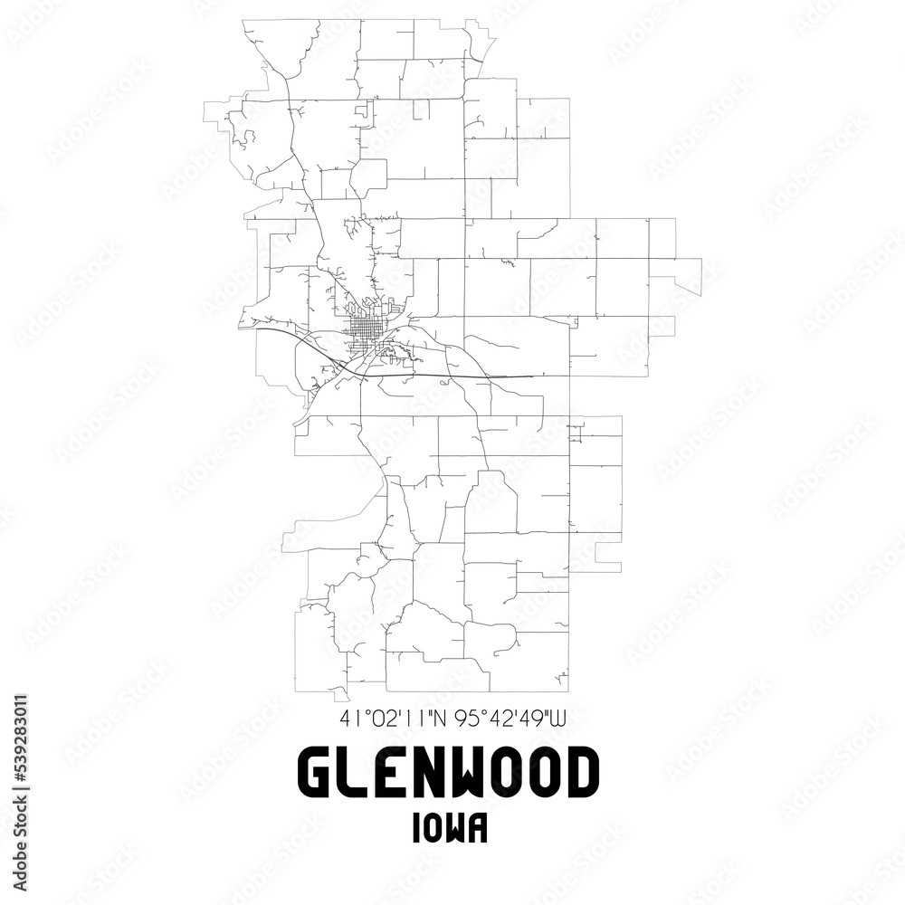 Glenwood Iowa. US street map with black and white lines.