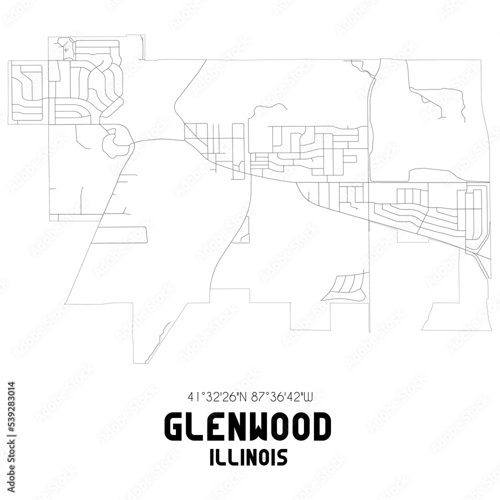 Glenwood Illinois. US street map with black and white lines.