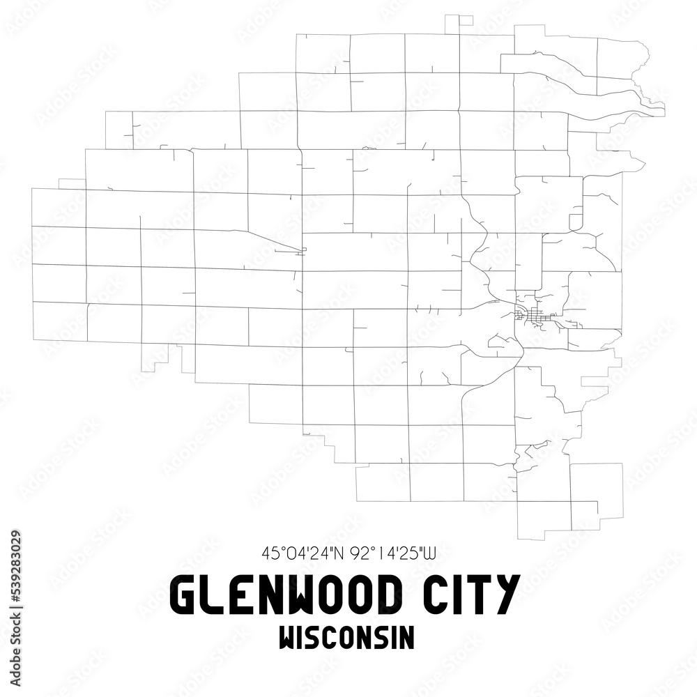 Glenwood City Wisconsin. US street map with black and white lines.