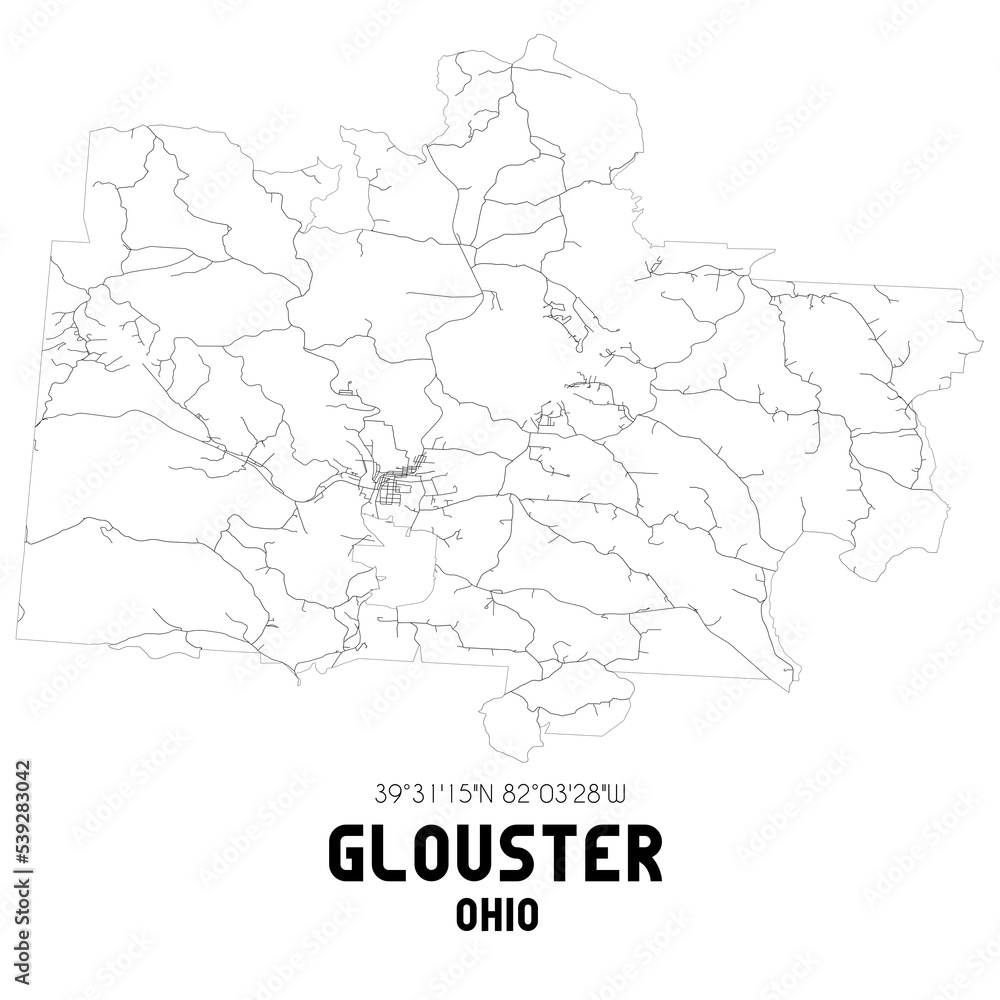 Glouster Ohio. US street map with black and white lines.