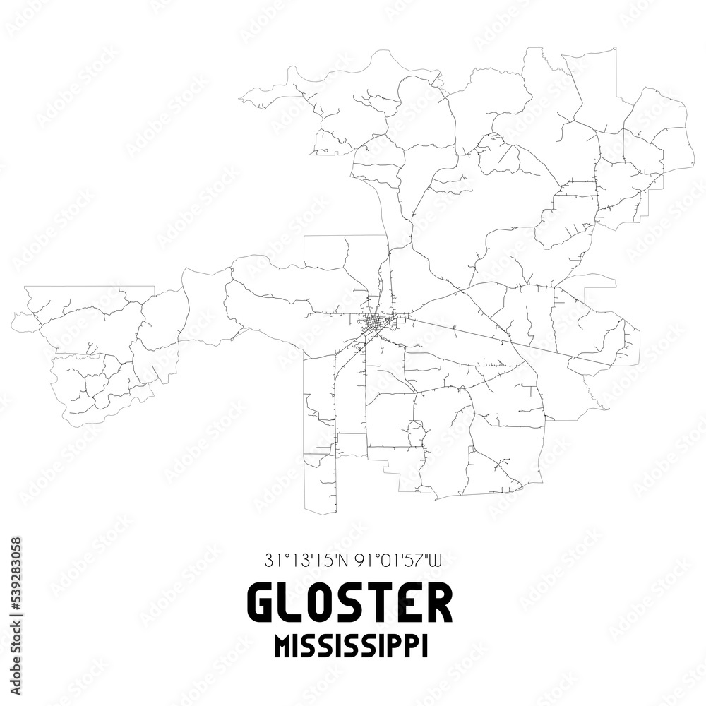 Gloster Mississippi. US street map with black and white lines. Stock