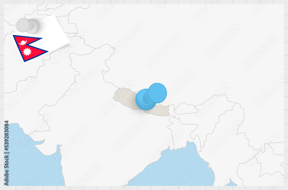Map of Nepal with a pinned blue pin. Pinned flag of Nepal. Stock Vector